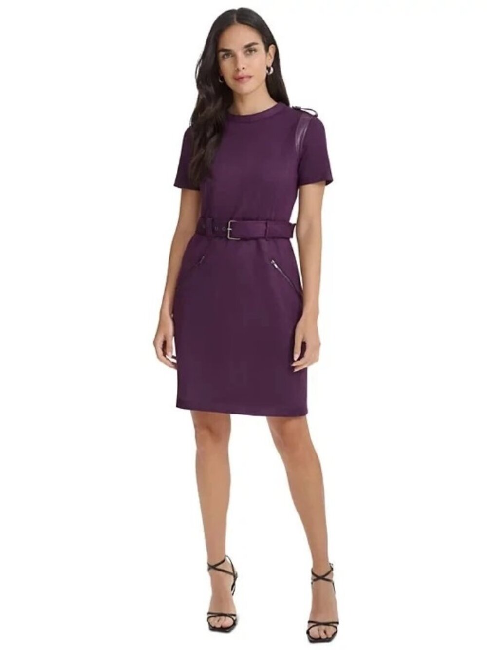 Calvin Klein Petite Faux-Suede Belted Sheath Dress in Purple